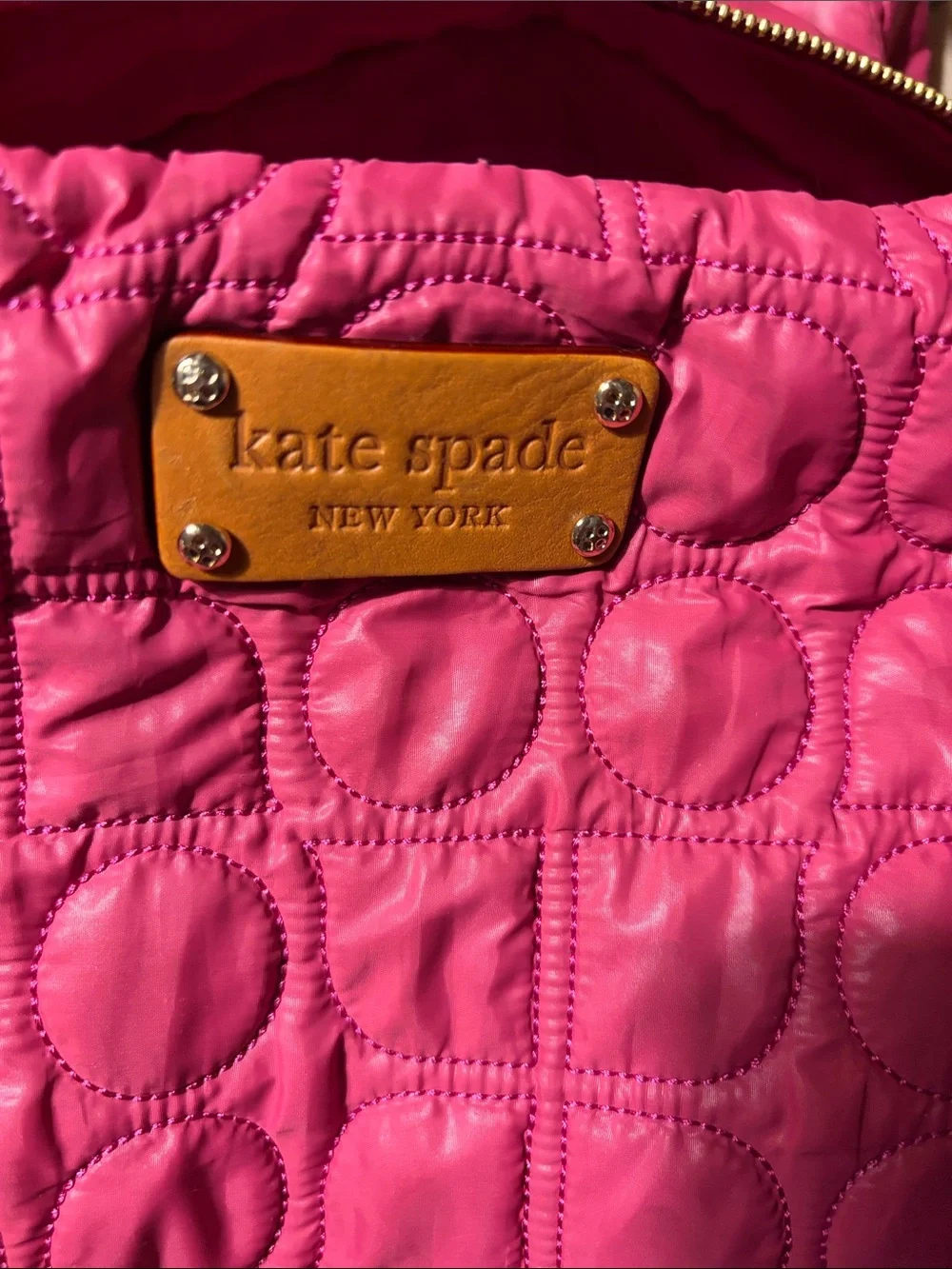 kate spade Hot Pink Quilted Hobo Shoulder Bag w/Tan Leather Trim 12”x9”x6” AS IS